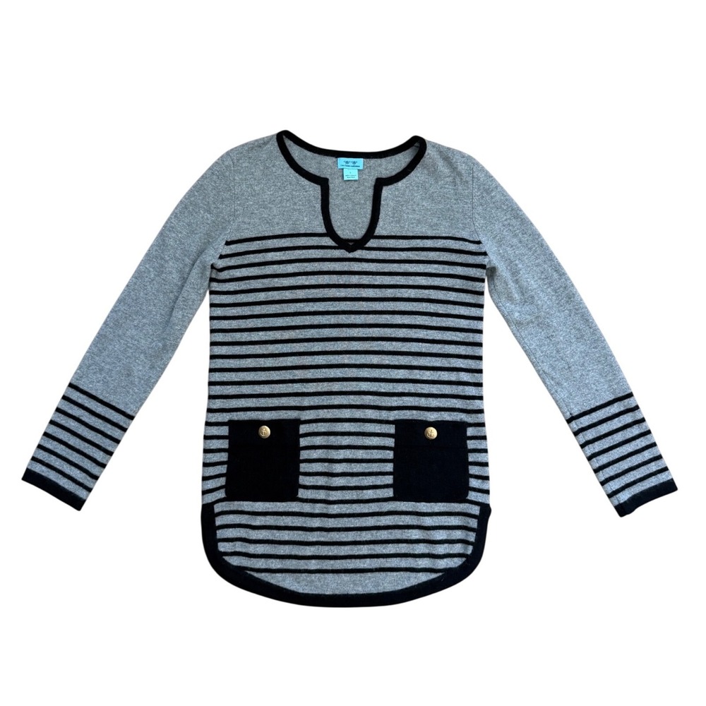 Cashmere Grey‎ Black Striped Anchor Button Tunic Sweater Large preppy luxury
